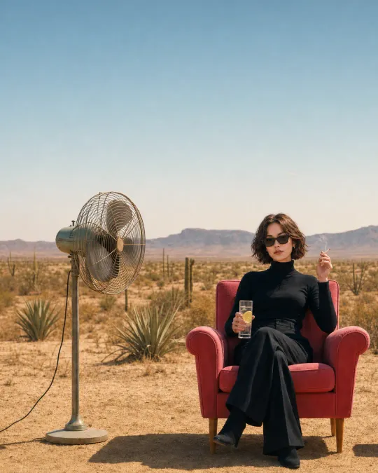 Victoria „Vicky“ Vance sitzt mit Sonnenbrille und Drink in einem roten Sessel in der Wüste.
