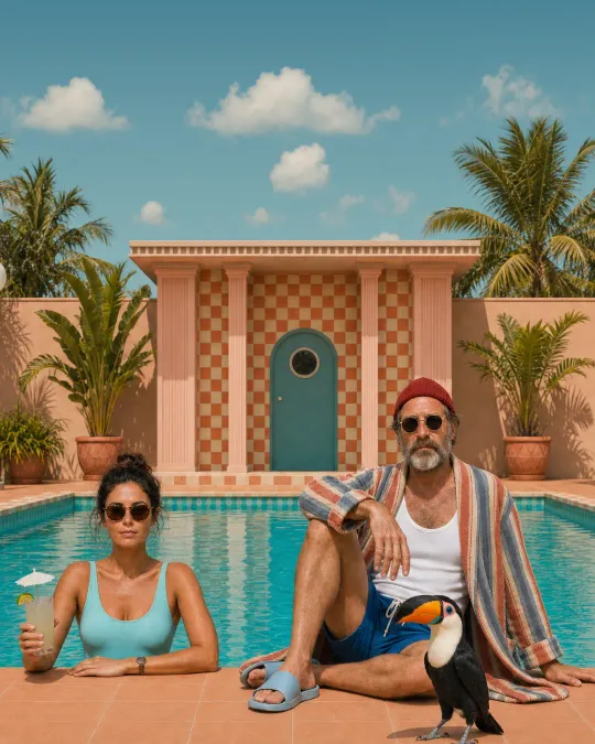 Britta im Pool, Ralf am Beckenrand und ein Tukan im Vordergrund.
