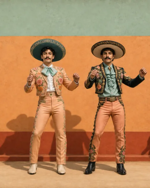 Zwei Figuren in floralen Anzügen und Sombreros